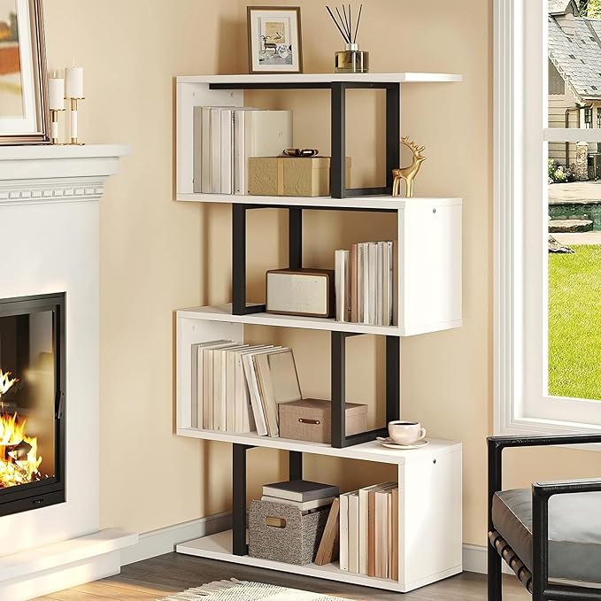 DWVO 5-Tier Geometric Bookshelf, S Shaped Bookshelf Modern Freestanding Display Shelves, Geometric Bookcase Decorative Storage Shelving for Living Room, Home Office, White