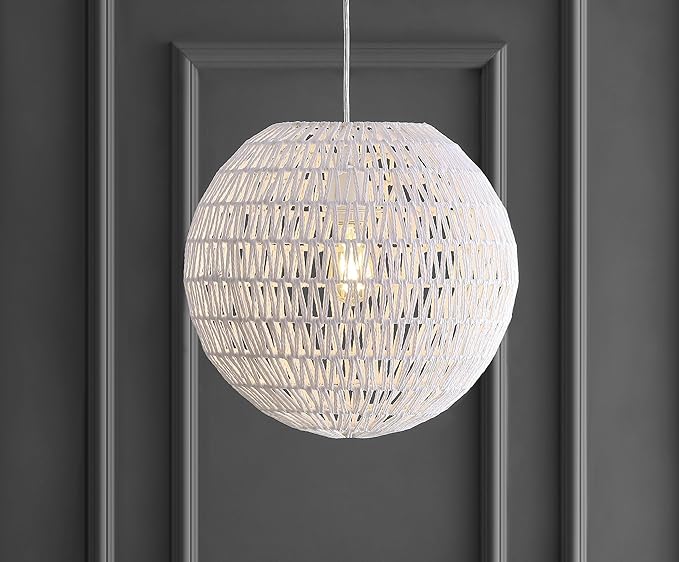 JONATHAN Y 15.7" White Modern Bohemian Woven LED Pendant Light, Adjustable Hanging Ceiling Lamp for Kitchen Island Dining Room, Paper Wicker Shade, Bulb Included JYL6503A