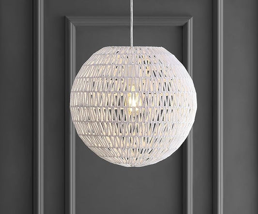 JONATHAN Y 15.7" White Modern Bohemian Woven LED Pendant Light, Adjustable Hanging Ceiling Lamp for Kitchen Island Dining Room, Paper Wicker Shade, Bulb Included JYL6503A