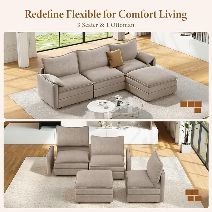 Vesgantti 108" Modular Sectional Sofa, Comfy Cloud Couch with Movable Ottoman Deep Seat Chenille L Shaped Modular Sofa, Sectional Couches for Living Room, Bedroom and Apartment, Light Brown | Sink-in Comfort, Height Adjustable, Easy Rearrangement, Extr...