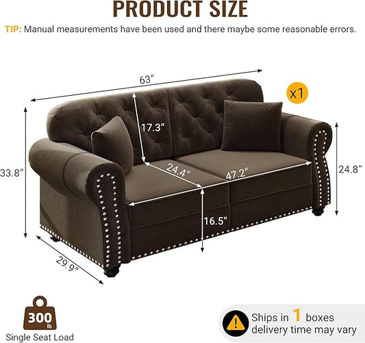 KEIKI 63" Velvet Chesterfield Sofa with Rolled Arms & Nailhead Trim, Modern Upholstered 2-Seater Button Tufted Couch with High Resilience Cushion & 2 Pillow, Easy Assembly, for Living Room, Brown