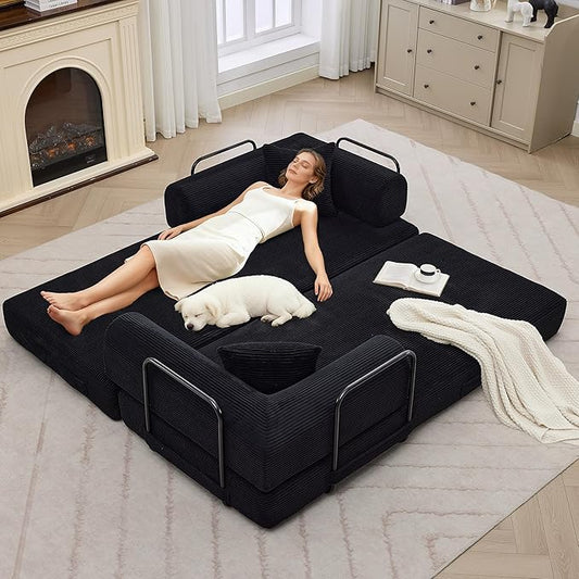GarveeHome 79" Convertible Sleeper Sofa Bed Couch, 4-in-1 Boneless Corduroy Folding Sofa Bed with Pillow & Fixed-Shape, Floor Mattress Couch Loveseat for Living Room Apartments - No Assembly, Black