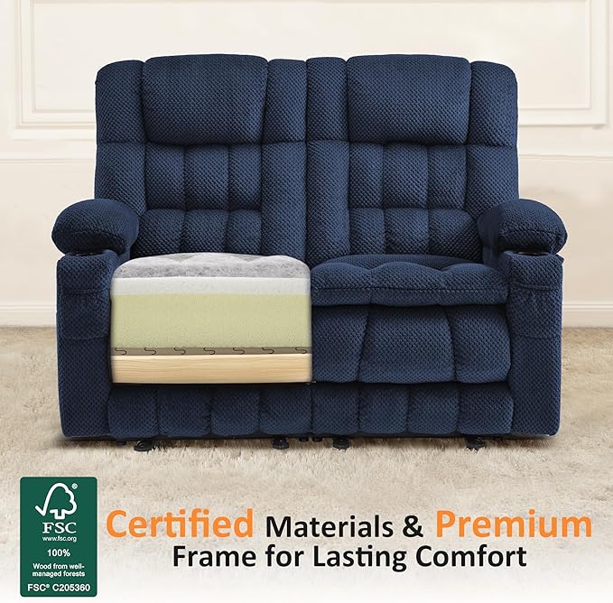 MCombo 57" Reclining Loveseat with Heat and Massage, Zero Gravity Recliner Loveseat Sofa with Dual USB Charging Ports for Living Room, Fabric 6314 (Navy Blue)