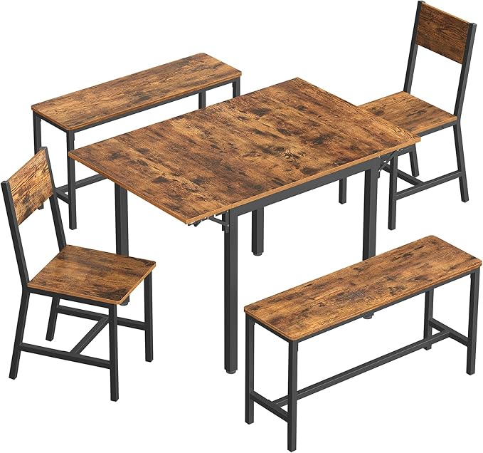 VASAGLE Extendable Dining Table Bundle with 2 Chairs and 2 Benches, Dining Set, for Living Room, Kitchen, Steel Frame, Easy Assembly, Rustic Brown and Ink Black UZH2504043