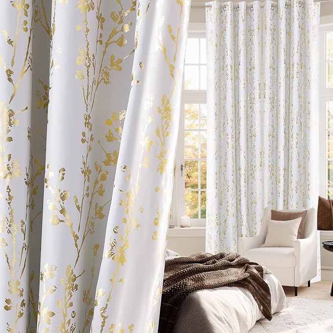 NICETOWN 100% Blackout White Curtains 63 inch Long, Grommet Branch Pattern Gold Foil Printed Window Treatments Room Darkening Drapes for Bedroom, W52 x L63, 2 Panels