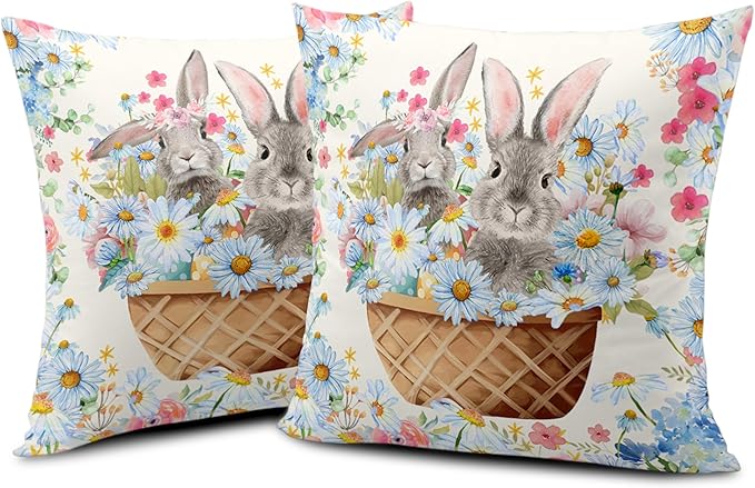 Easter Bunny Pillow Covers 16x16 Spring Rabbit Daisy Floral Throw Pillow Covers A Basket Filled with Lovely Bunny and Flowers Pillowcase Cushion Case for Sofa Patio Garden 2 Pack