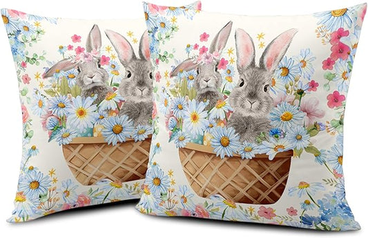 Easter Bunny Pillow Covers 16x16 Spring Rabbit Daisy Floral Throw Pillow Covers A Basket Filled with Lovely Bunny and Flowers Pillowcase Cushion Case for Sofa Patio Garden 2 Pack