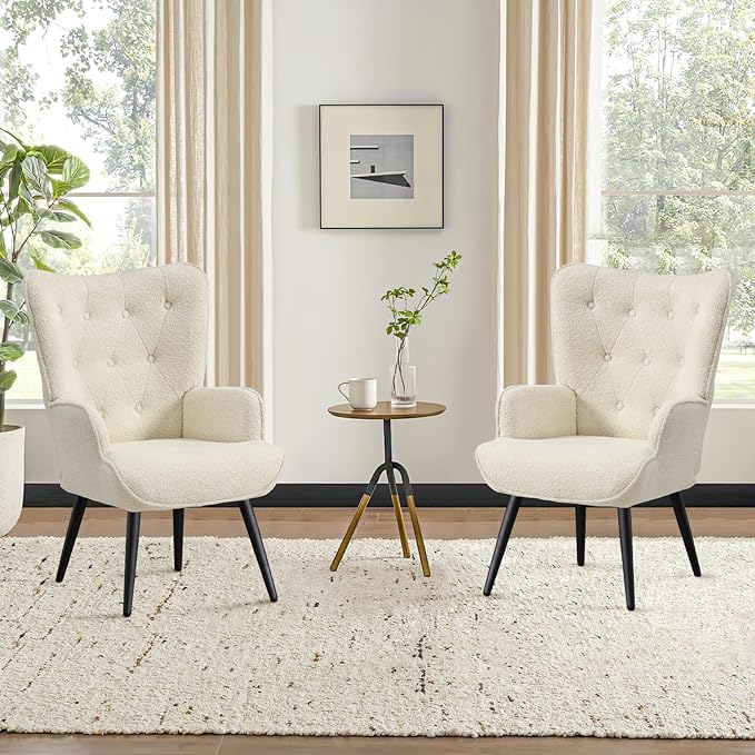 Furniliving Boucle Accent Chair for Living Room, Upholstered Reading Chair with High Backrest, Tufted-Button Wingback Armchair for Bedroom, Dressing Room, Home Office, Ivory White, Set of 2