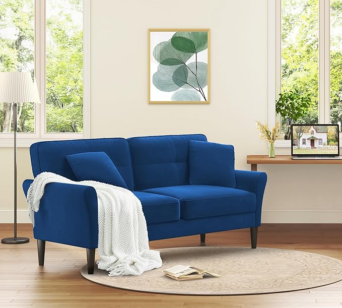 Loveseat Sofa, 69" Love Seat Couches, Comfy Velvet Small Couches for Small Spaces with 2 Pillows, Tool-Free Setup Sofas & Couches, 700lb Load Sofas for Living Room, Mini Couch for Bedroom, Blue Couch