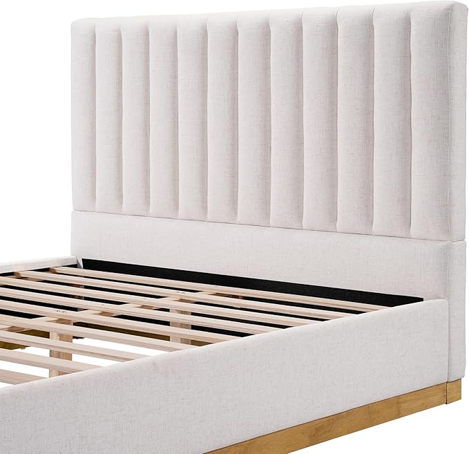 Merax Queen Bed Frame Upholstered Platform Bed with Linen Headboard, Wing Edge Design/Non-Slip and Noise-Free/Wooden Slats Support/No Box Spring Needed/Easy Assembly,King