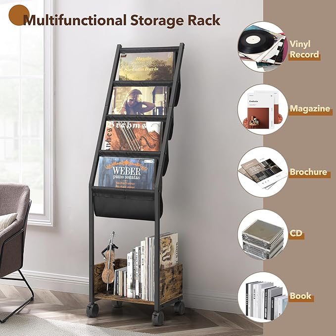 Keebofly Vinyl Record Storage, Record Holder Up to 100 Albums, Record Stand with 4 Tier Vinyl Holder Display Shelf, Movable Vinyl Storage Organizer Rack, Record Cabinet for Book Magazine Turntable