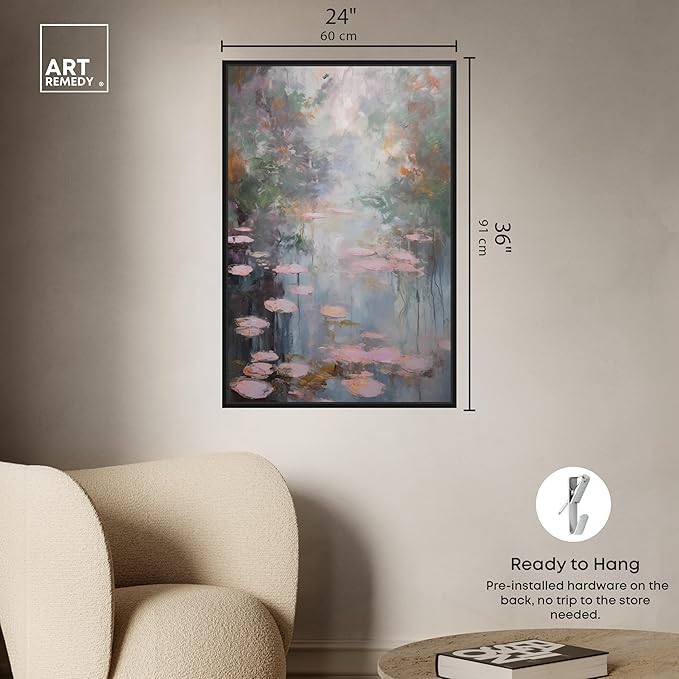 Art Remedy Pink Impressionisty Lilypads Framed Impressionism 1 Piece Canvas Wall Art/Monet And Van Gogh Inspired Art, 25" x 37", Black Frame