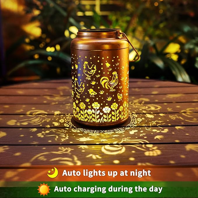 2Pack Chicken Solar Lanterns Outdoor Hanging Waterproof Solar Lights Gifts for Women Mom Grandma Outside LED Light Metal Lantern Decoration for Garden Decor, Porch, Lawn,Yard, Patio,Backyard