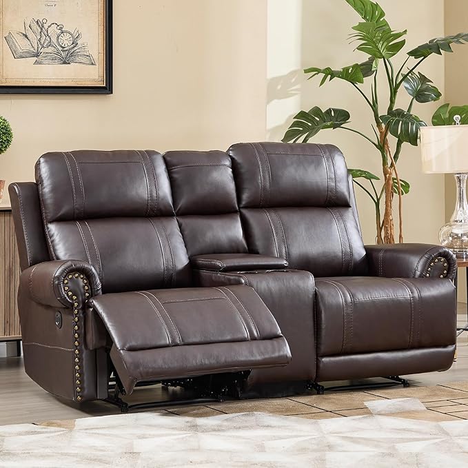 EBELLO Faux Leather Electric Reclining Loveseat Sofa, Power Recliner Two Seats Couch with USB and Type-C Charging Ports, Vintage Rivet Design for Small Living Room, Bedroom and Meeting Room, Brown