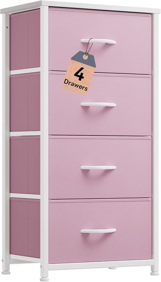 DWVO Storage Drawer with 4 Drawers - Pink Fabric Dressers, Dresser for Bedroom, Living Room, Closets - Sturdy Steel Frame, Wooden Top & Easy Pull Fabric Bins