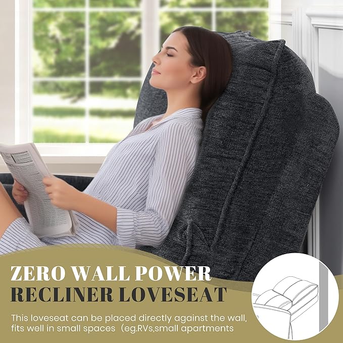 53.5" Zero Wall Hugger Power Reclining Loveseat Sofa with USB & Type-C Ports, Electric Recliner Loveseat with Lumbar Pillows, Small Space Wall Hugger Reclining Couch for Living Room & RV (Dark Grey)