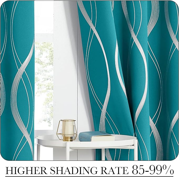 NICETOWN Room Darkening Curtains for Bedroom, Peacock Teal, 2 Panels, 52 x 84 inch, Noise Reducing Thermal Insulated Wave Line Foil Print Design Blackout Curtains for Storage Office Work Area