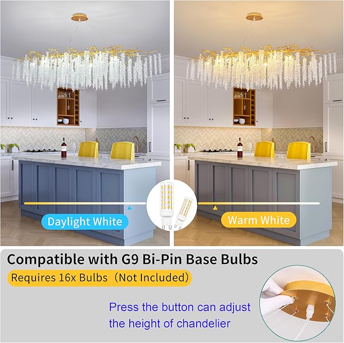 Crystal Tree Branch Chandelier L63 Inch Luxury Rectangular Crystal Raindrop Pendant Light 16 Lights Kitchen Island Hanging Light Fixture for Living Room Dining Room Foyer Entryway Gold