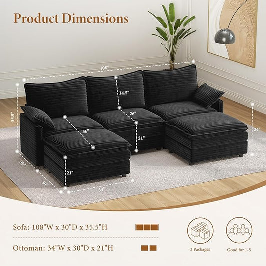 Vesgantti 108" U Shaped Sectional Couch, Comfy Cloud Modular Sectional Sofa with 2 Ottoman Deep Seat Corduroy Modern Cloud Sofa, Modular Sofas for Living Room, Bedroom and Apartment, Gray | Sink-in Comfort, Height Adjustable, Easy Rearrangement, Extra-...