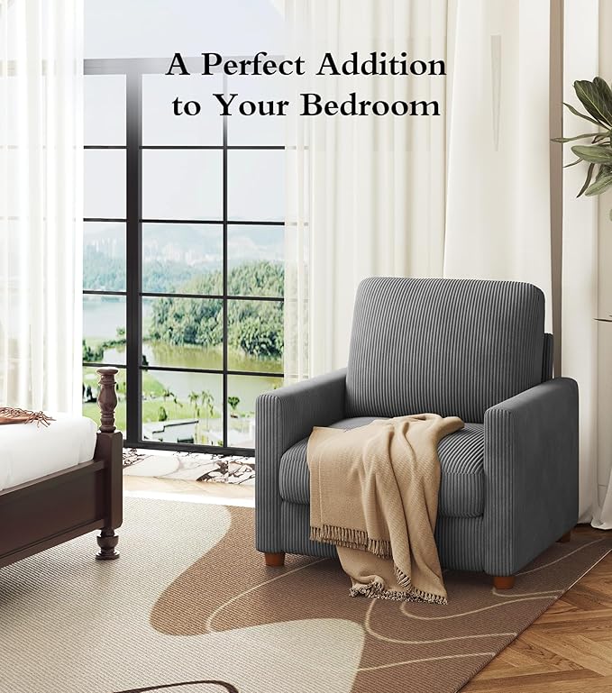 Kidirect 35.5in Oversized Accent Chair, Easy to Assemble Living Room Chairs, Corduroy Reading Chair for Bedroom, 22.5in Deeper Seats Accent Chairs for Living Room, Comfy Armchair Reading Nook, Grey