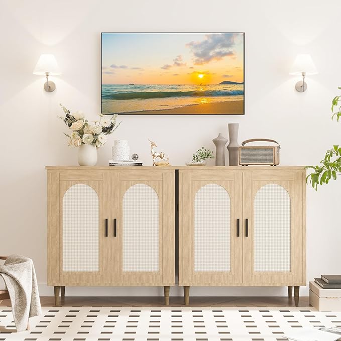 GarveeHome Sideboard Buffet Kitchen Storage Cabinet with Rattan, Solid Wood Feet for Living Room, Hallway, Entryway, Cabinet with Ample Storage Space(1PCS)