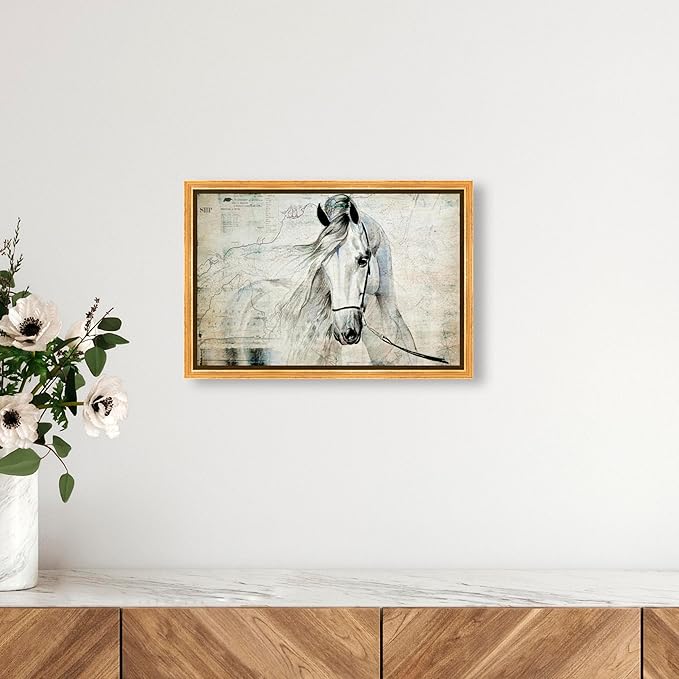 Country Farmhouse Canvas Print Painting Animal Wall Art 'Southern White Horse' Gold Framed Canvas Rustic Home Décor 15x10 in Gray, Brown by Oliver Gal