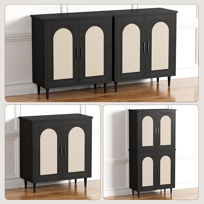 GarveeHome Sideboard Buffet Kitchen Storage Cabinet with Rattan, Solid Wood Feet for Living Room, Hallway, Entryway, Cabinet with Ample Storage Space(1PCS)