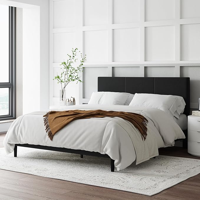 Queen Size Bed Frame with Upholstered Headboard, Sturdy Wood Slats, No Box Spring Required, Silent, Easy Assembly, Black