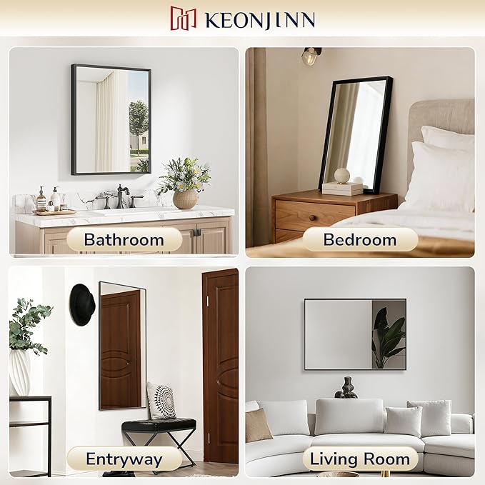 Keonjinn 24 x 30 Inch Black Bathroom Mirrors for Over Sink, Beveled Rectangle Framed Mirrors for Wall, Black Bathroom Vanity Mirror, Tempered Glass, Square Corner, Farmhouse Style