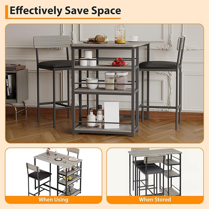 GAOMON 3-Piece Bar Table Set with 2 Upholstered Stools, Space-Saving Counter Height Dining Set with 3-Tier Storage Shelves,Sturdy Steel Frame, Easy Assembly for Small Kitchens, Retro Grey