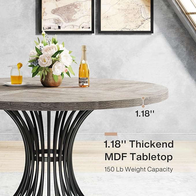 Tribesigns Round Dining Table for 4-6 People, 47-Inch Farmhouse Dinning Room Circle Kitchen Table, Industrial Dinner Table with Metal Base for Kitchen, Living Room, Gray