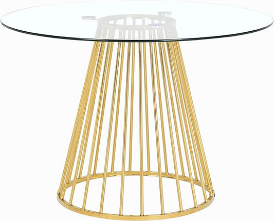 Meridian Furniture Gio Collection Modern | Contemporary Clear Tempered Glass Top Table with Wired Design, Durable Metal Base, Dining, Polished Gold Finish