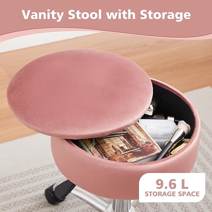 Adjustable Vanity Stool with Storage Rolling Vanity Chair with Wheels Swivel Vanity Stool Chair for Vanity Makeup Stool Pink