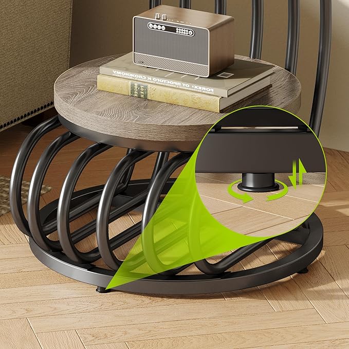 LITTLE TREE Round Side Table, Accent End Table with 2-Tier Shelf, Creative Curved Metal Frame, for Small Spaces, Grey + Black