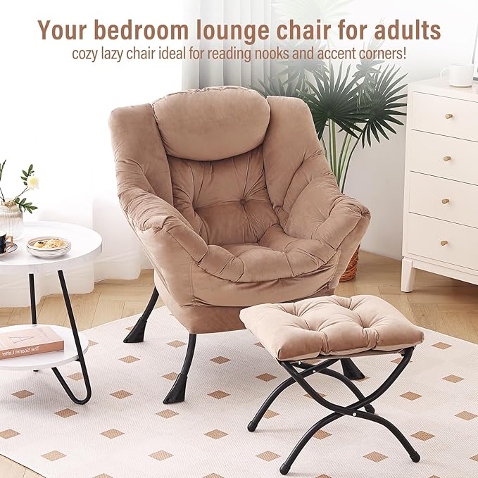 Lazy Chair with Ottoman, Modern Chair with Folding Footrest, Velvet Khaki Accent Chair, Comfortable Reading Chair, Oversized Armchairs for Bedroom, Study, Living Room, Courtyard