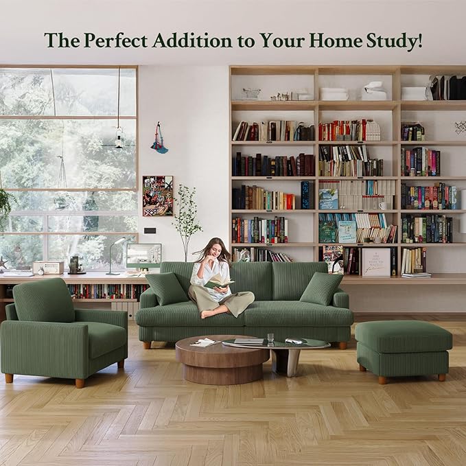 Welzona 87.2" Couches for living Room, Comfy Sectional Couch Green 7.5" Thicker Cushion, Sofas for Living Room Tool-Free Setup, Accent Chair with Ottoman 848lbs Support, Corduroy Couch for Home Office