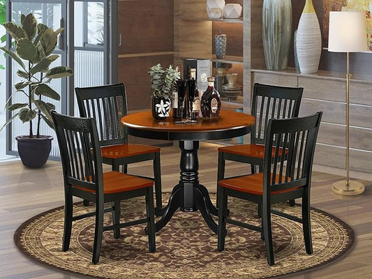 East West Furniture ANNO5-BCH-W 5 Piece Dining Set Includes a Round Dining Room Table with Pedestal and 4 Wood Seat Chairs, 36x36 Inch, Black & Cherry