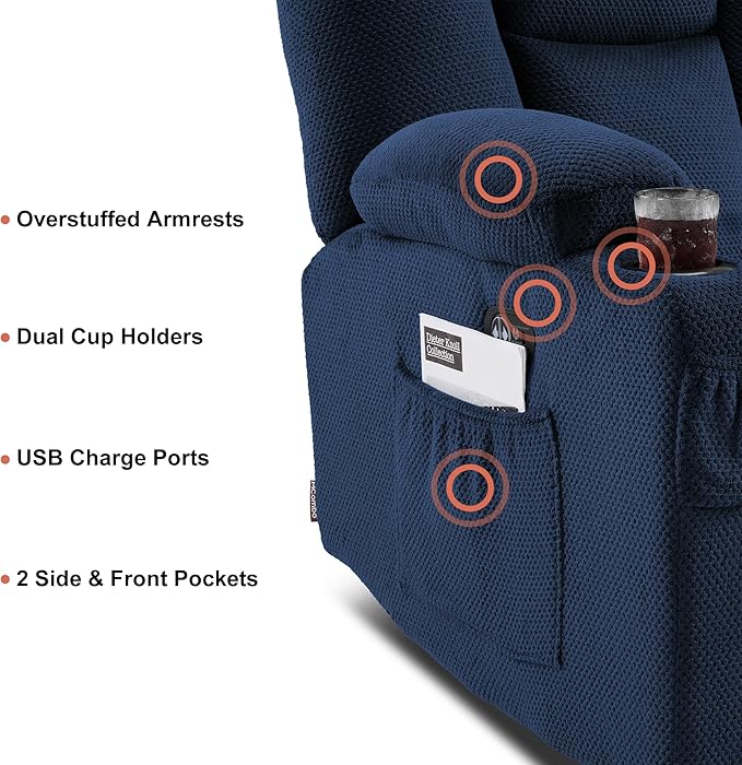 MCombo Zero Gravity Power Loveseat Sofa, Heat and Massage, Reclining Loveseat for Living Room, Fabric 6035SET (Navy Blue, Loveseat)