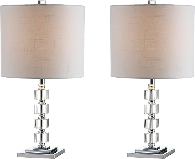 JONATHAN Y 22" Clear Crystal and Chrome Stacked Cube Table Lamp Set of 2, Glam Contemporary Nightstand Lamps with White Linen Drum Shade, LED Bulbs Included JYL5040A-SET2