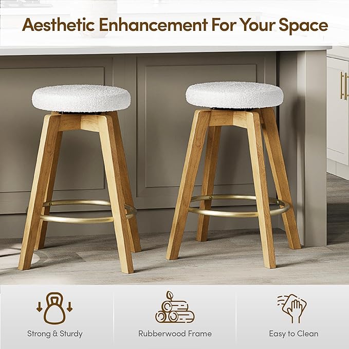 Swivel Premium Solid Wood Counter Stool 25", Set of 2, 360° Rotating Upholstered Cushion, Backless Bar Chair for Island, Pub, Kitchen, Dining Room (Light Oak)