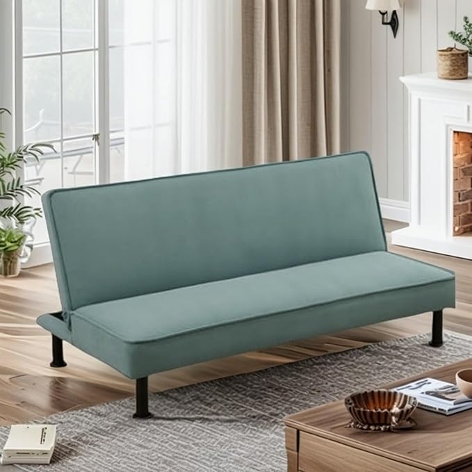 Futon Sofa Bed, Convertible Sofa Couch with Flannel Fabric Adjustable Backrest, Sleeper Couch Bed Loveseat with Curved Armrest for Living Room Bedroom Small Spaces, Green, 77.5"
