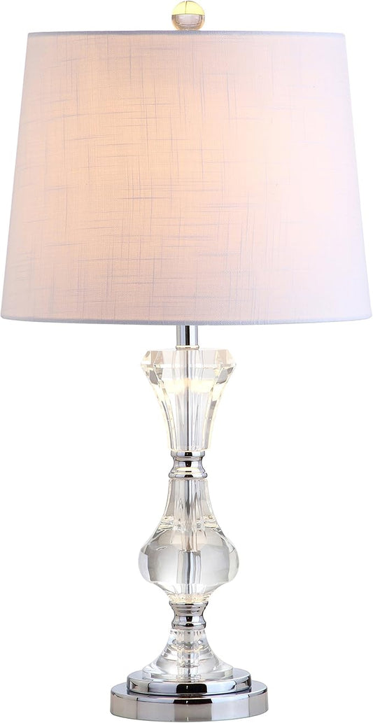 JONATHAN Y 25" Clear Crystal Table Lamp, Glam Traditional Faceted Glass Bedside Lamp for Living Room Bedroom, White Linen Shade, Chrome Accents, LED Bulb Included JYL2040A