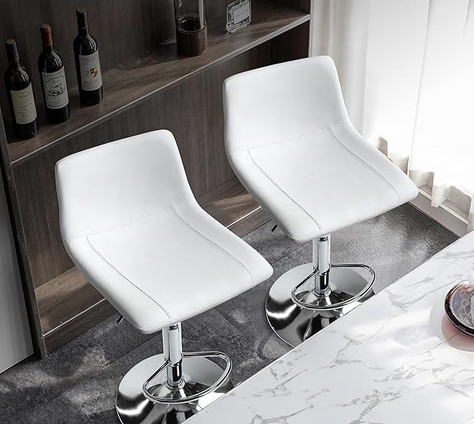 Finnhomy Bar Stools Modern PU Leather, Bar Stools Set of 2 Counter Height, Swivel Barstools with Footrest and L Shape Back, Height Adjustable Modern Bar Chairs for Kitchen, White