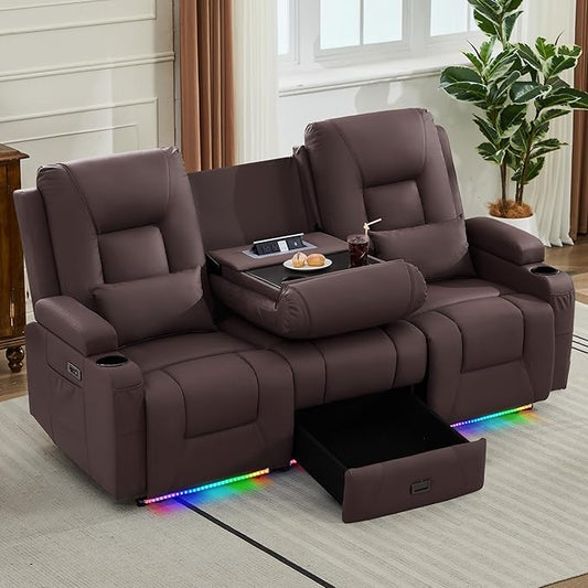 URRED Power Loveseat Recliner Sofa with Console, Wall Hugger Reclining Loveseat RV Couch with LED Light, 150° Zero Gravity Recliners Modular Couches for Living Room (Dark Brown, 77.3'' - 3 Seats)
