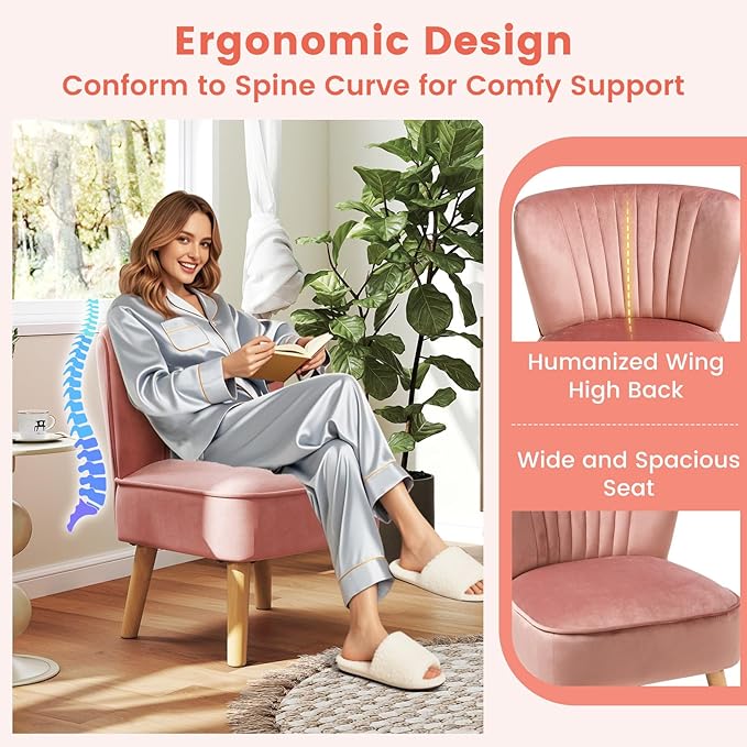 KOMFOTT Velvet Accent Chair, Modern Armless Sofa Chair with Solid Rubber Wood Legs, Wingback Leisure Chair with Thick Cushion, Upholstered Side Chair for Living Room, Bedroom, Pink