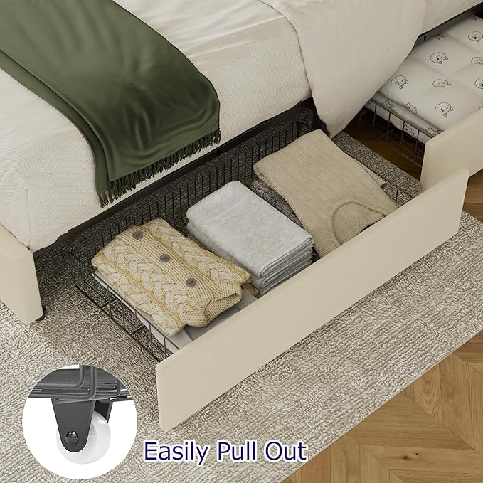 VECELO Full Size Bed Frame with 4 Storage Drawers, Adjustable Height Headboard, Heavy-Duty Platform Bedframe with Strong Wooden Slats, No Box Spring Needed, Pale Beige