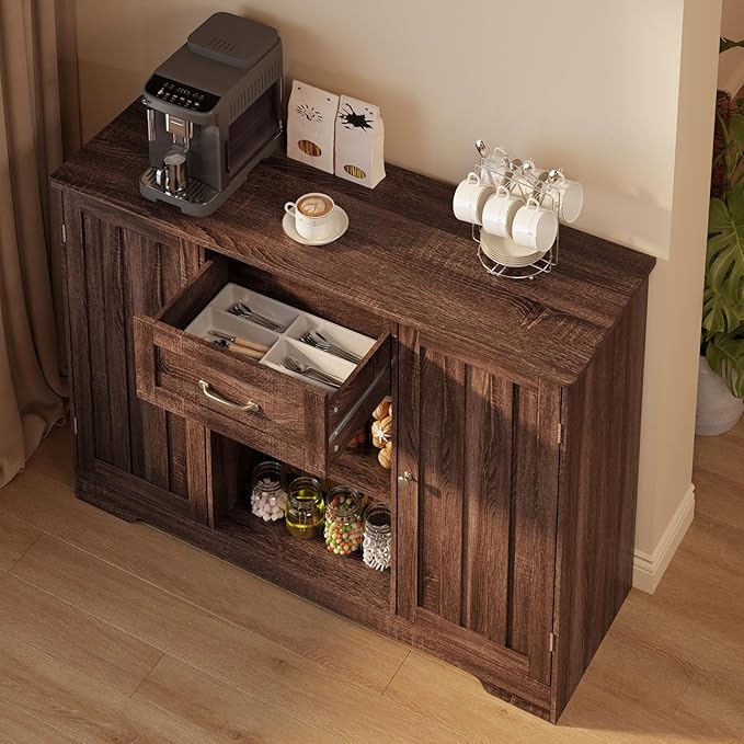 Gizoon Kitchen Sideboard Buffet Cabinet with Storage Coffee Bar Cabinet with Drawer, Kitchen Pantry Storage with Door and Shelves for Bathroom and Living Room, Dark Brown