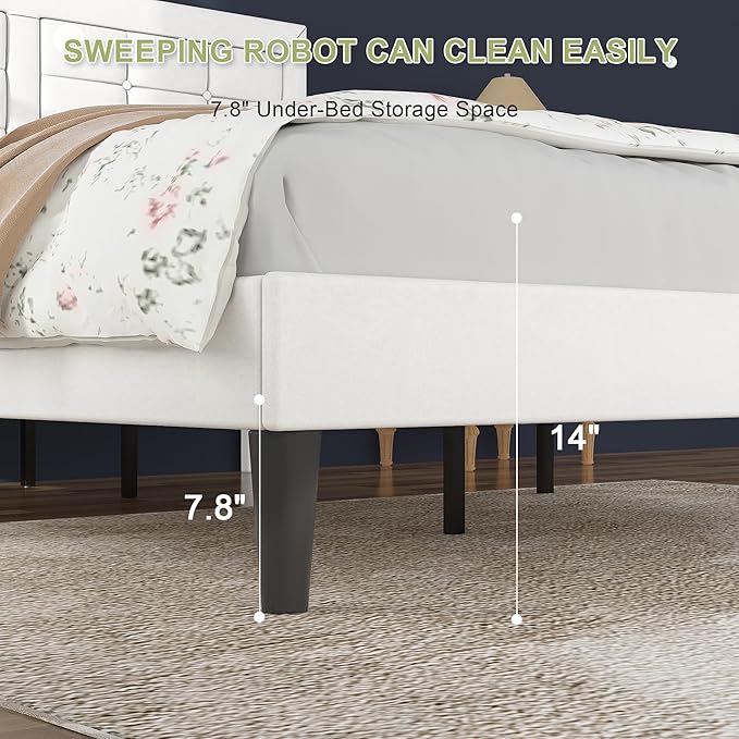 VECELO Queen Size Bed Frame with Adjustable Headboard, Upholstered Button Tufted Platform Bedframe with Wood Slats Support, No Box Spring Needed, Linen & White