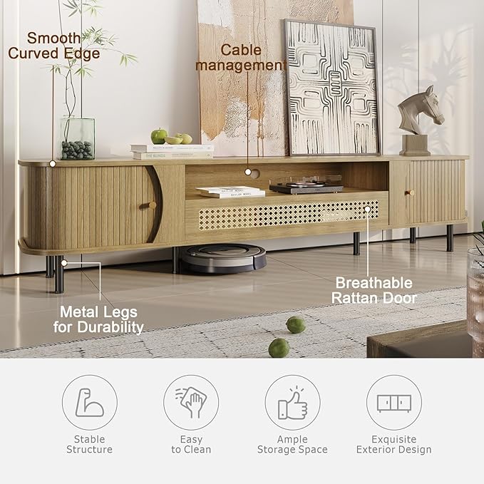 basenji 79" Fluted TV Stand with Sliding Doors & Rattan,Mid Century Modern Entertainment Center with Storage,Curved Edge Design,Media Console for TVs up to 85",TV Consoles for Living Room,Wood