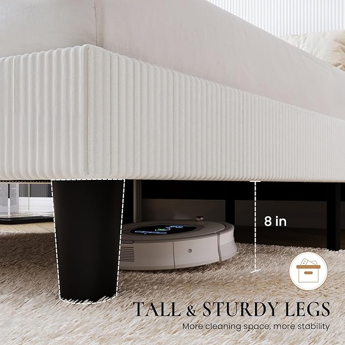 SHA CERLIN Full Size Corduroy Upholstered Platform Bed Frame with Vertical Channel Tufted Wingback Headboard, 8" Under Bed Storage, Wooden Slats & Metal Frame Support, Easy Assembly, White
